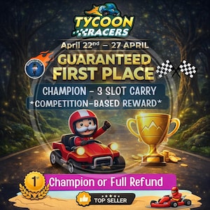 Puede incluir: Imagen promocional de "Tycoon Racers" con un kart rojo y un personaje de dibujos animados. El texto incluye "Primer Lugar Garantizado" y "Campeón o Reembolso Completo". Un trofeo de oro y banderas a cuadros también están presentes.