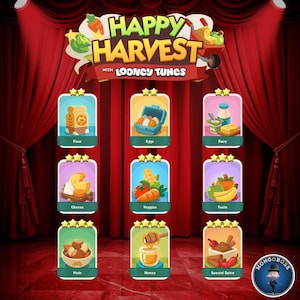 Puede incluir: Una interfaz de juego digital titulada Happy Harvest with Looney Tunes que presenta nueve iconos cuadrados con estrellas. Los iconos muestran ilustraciones de harina, huevos, lácteos, queso, verduras, frutas, nueces, miel y especias.