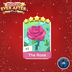 以下が含まれることがあります： モノポリーエバーアフターゲームカード。ピンクのバラのイラストが描かれています。カードには「The Rose」と書かれたピンク色のバナーがあり、「+1」の記号も含まれています。カードの上部には5つの金の星があります。