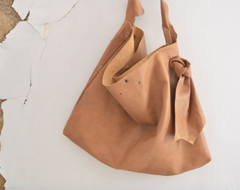 Natural Tan Lightweight Leather Tote with Rugged Knotted Finish