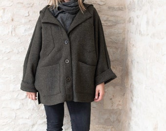 Boiled Wool Button Coat with Hood and Pockets