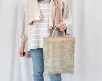 Tunic or Scarf and Basket  Bag Gift Set in Natural Ecru and Blue