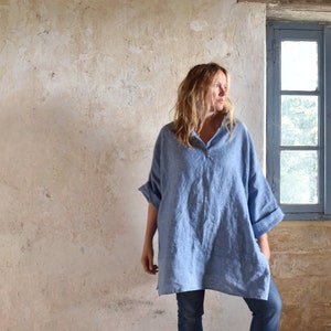 Shirt Linen Oversize Large Baggy Tunic Open Neck Overshirt Grandad Collar Smock XS - 3XL Longsleeve Shirtdress Pocket option Woman Plus Size