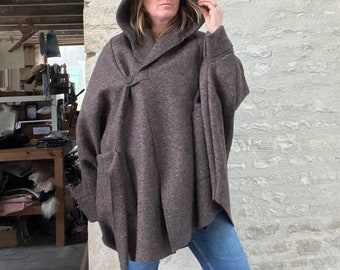 Cardigan Big Wrap Coat in Boiled Wool with Hood option