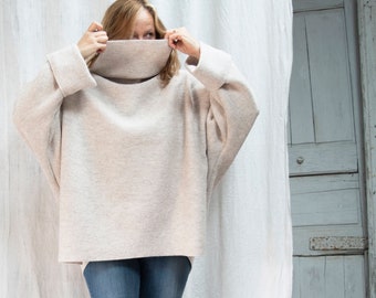 Oversize Wide Turtleneck Poncho Sweater in Boiled Wool