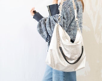 Silver Leather Large Slouchy Tote with Chain Woven Strap