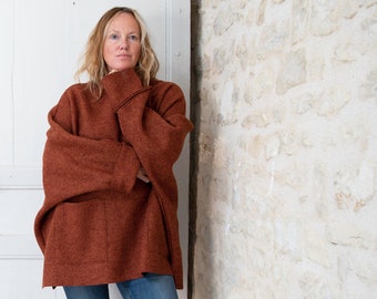 Terracotta Rust Oversize  Boiled Wool Tunic Sweater - Optional Pockets