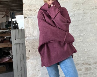 Poncho Sweater in Boiled wool with Wide Turtleneck Collar