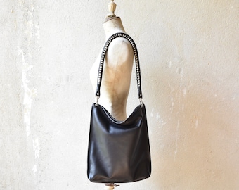 Plain Leather Hobo Tote, Soft and Minimalist with Woven Strap