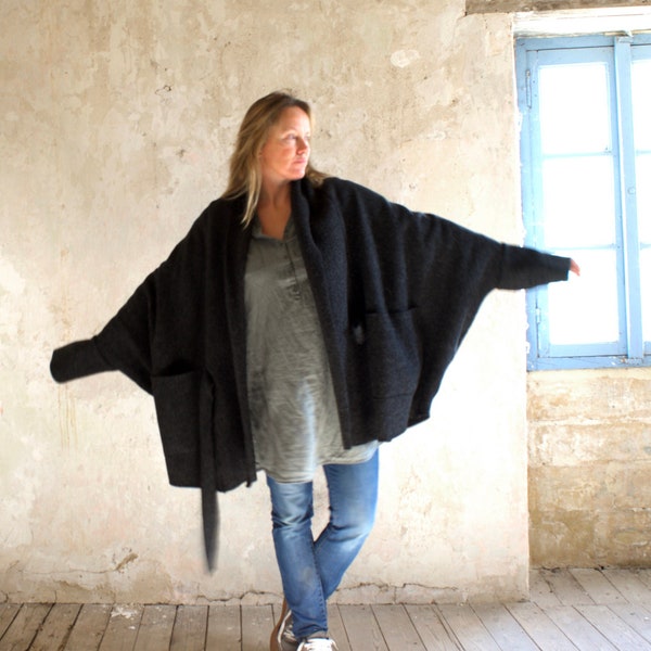 Cardigan Big Wrap Coat in Boiled Wool with Hood option