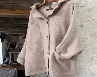 Boiled Wool Button Coat with Hood and Pockets