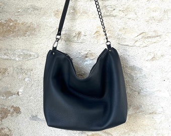 Black Matte Leather Shoulder Bag with Chain strap detail - 3 sizes ready to ship