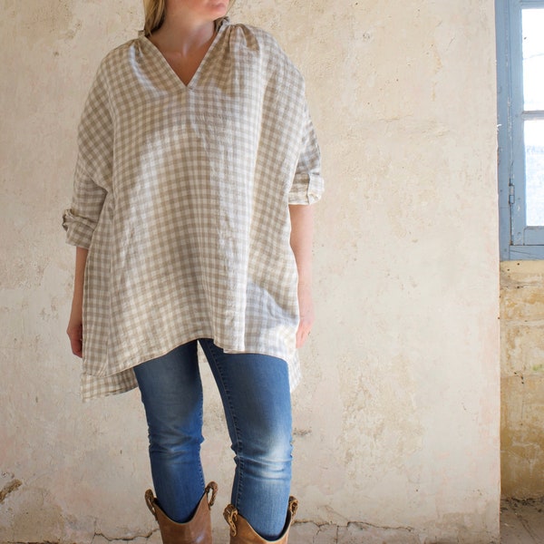 Haut en Lin Carreaux Irlandais Style Loose et Oversize