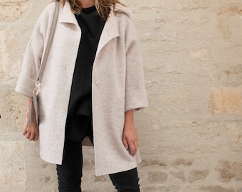 Oversize Loose Boiled Wool Coat with Button and Pockets