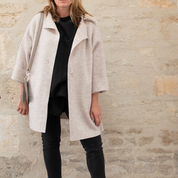 Oversize Loose Boiled Wool Coat with Button and Pockets