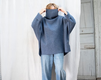 Oversize High Collar Turtleneck Poncho Sweater in Boiled Wool