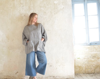 Oversize Loose Linen Tunic with Raglan Sleeve - optional pocket detail