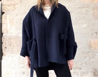 Wrap Coat Cardigan in Boiled Wool with Pockets