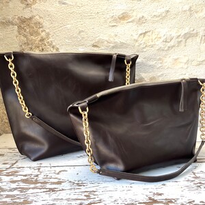 Dark Brown Leather Shoulder Bag with Gold Chain detail Large or Medium image 3