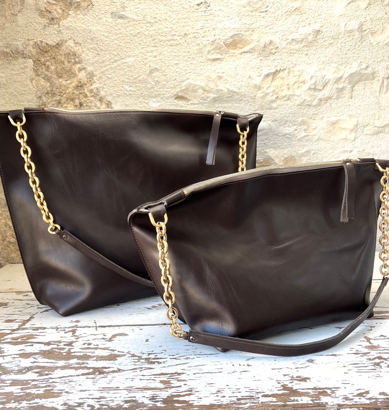 Dark Brown Leather Shoulder Bag with Gold Chain detail Large or Medium image 3