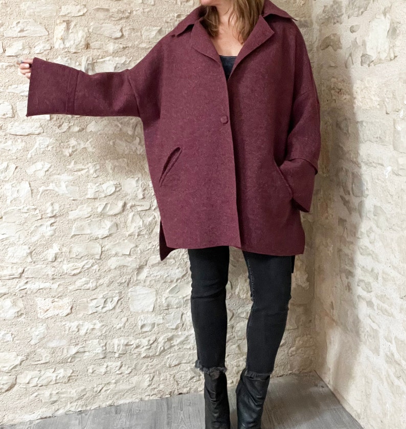 Oversize Loose Boiled Wool Coat with Button and Pockets image 6