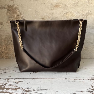 Dark Brown Leather Shoulder Bag with Gold Chain detail Large or Medium image 1