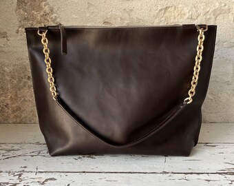 Dark Brown Leather Shoulder Bag with Gold Chain detail - Large or Medium