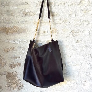 Dark Brown Leather Shoulder Bag with Gold Chain detail Large or Medium image 6