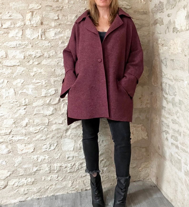 bordeaux burgundy boiled wool coat