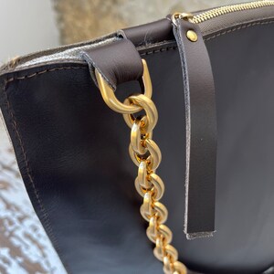 Dark Brown Leather Shoulder Bag with Gold Chain detail Large or Medium image 7