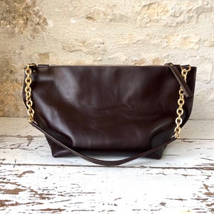 Dark Brown Leather Shoulder Bag with Gold Chain detail Large or Medium image 5
