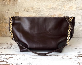 Dark Brown Leather Shoulder Bag with Gold Chain detail - Large or Medium