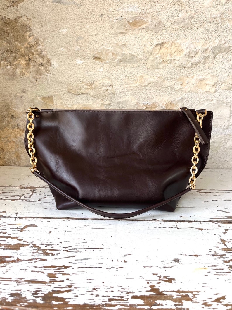 Dark Brown Leather Shoulder Bag with Gold Chain detail Large or Medium image 5