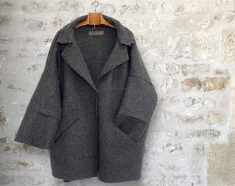 Oversize Loose Boiled Wool Coat with Button and Pockets