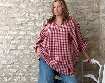 Red Gingham Linen Check Tunic Overshirt - Loose and Oversize.