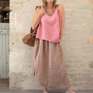 Long Skirt Linen Gathered Drawstring Skirt with Pockets Boho Summer Easy Chic