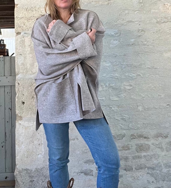 Coat Wool Minimalist Jacket Big Pockets Neutral Simple Overcoat for Her Raglan Sleeve Wide Oversize Style Size XS to 3XL Coatigan Etsy