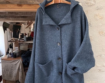 Boiled Wool Button Coat with Hood and Pockets