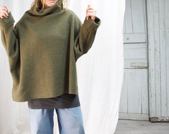 Poncho Sweater in Boiled wool with Wide Turtleneck Collar