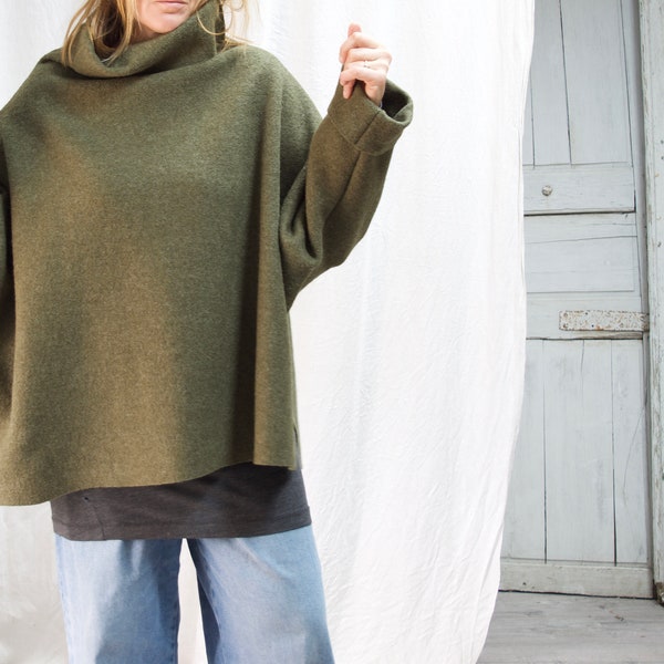 Poncho Sweater in Boiled wool with Wide Turtleneck Collar