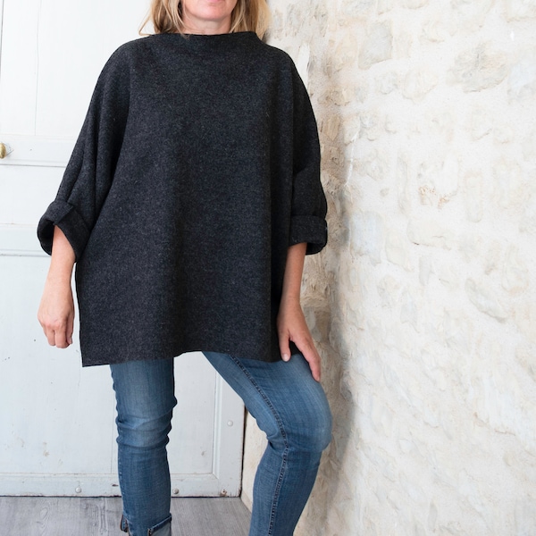 Maxi-Pull en Laine Bouillie Noir - Manche Large.