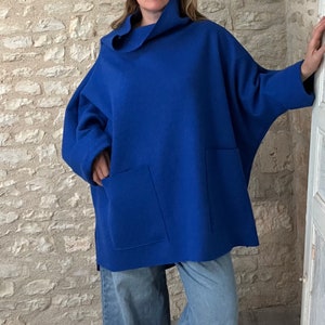 Electric Blue Oversized Poncho Sweater with High Turtleneck Collar | Boiled Wool Tunic, Large Sleeves & Pocket Option | Plus Size Outerwear