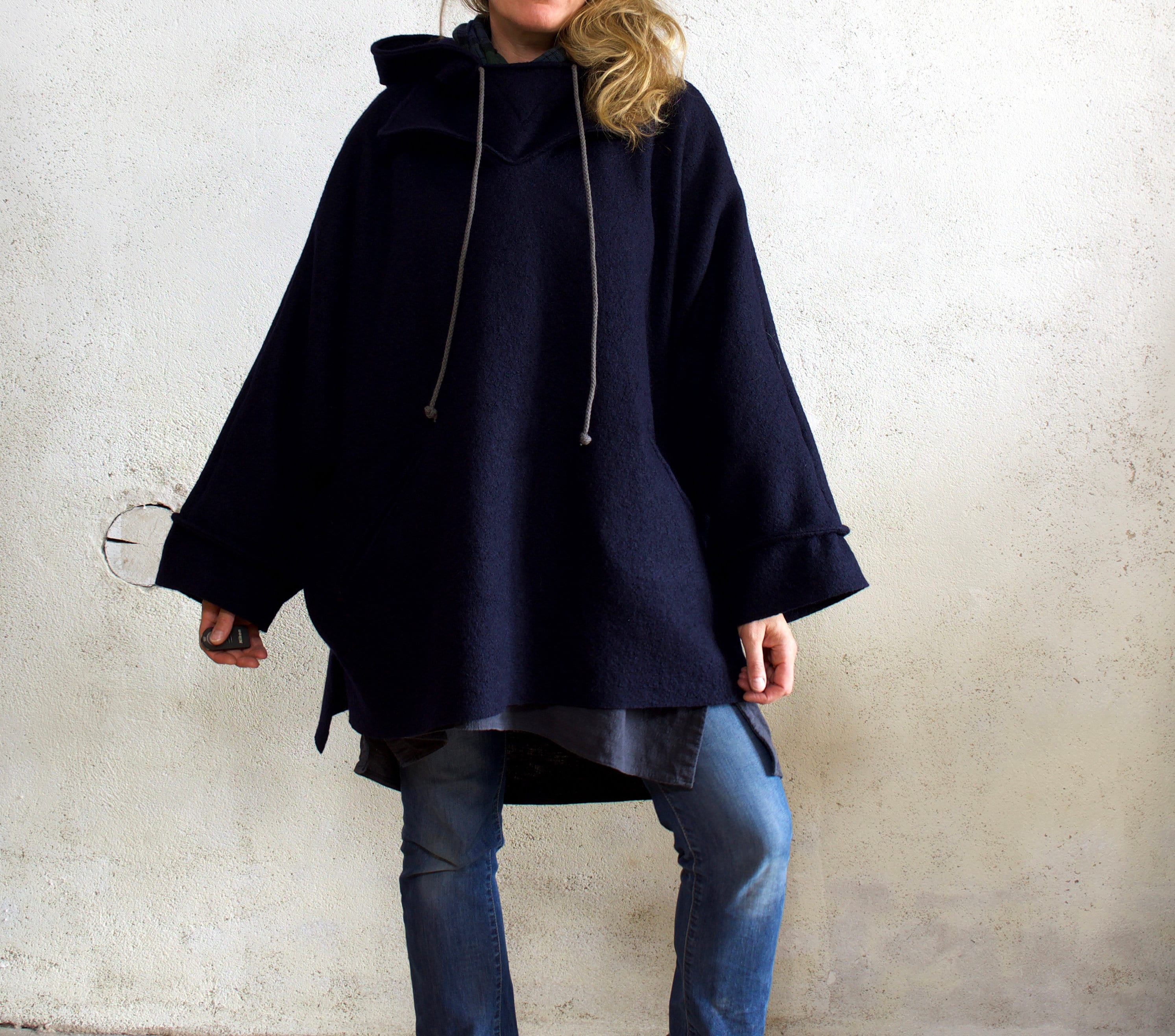 Oversize Hooded Poncho Sweater in Wool 