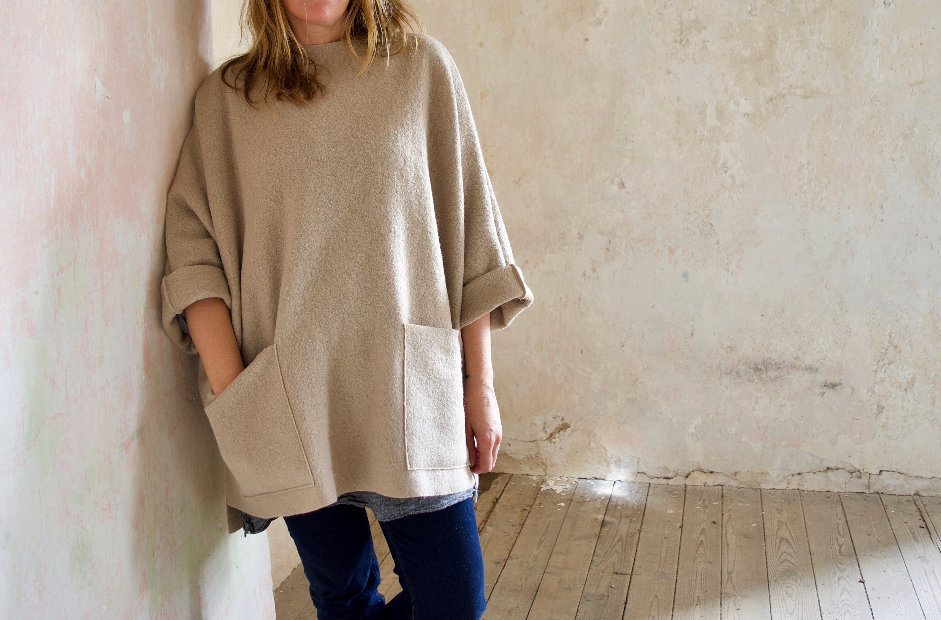 Beige Oversize Boiled Wool Tunic 