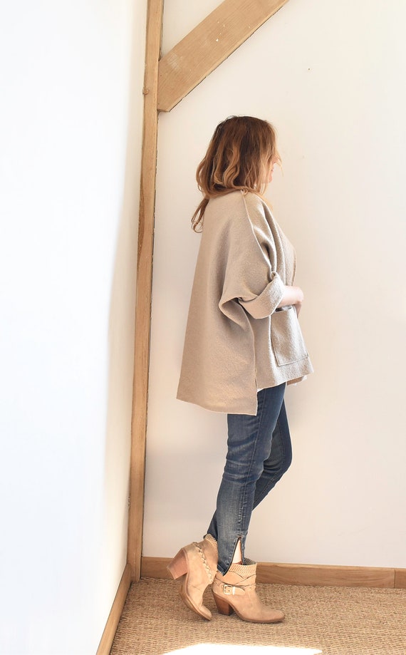 Beige boiled wood cardigan jacket. Byloom & Hyde.