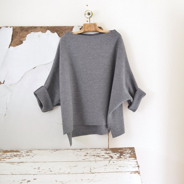 Tunic Sweater in Grey Boiled Wool,  Soft Wool Oversize Top, Loose Oversized Top