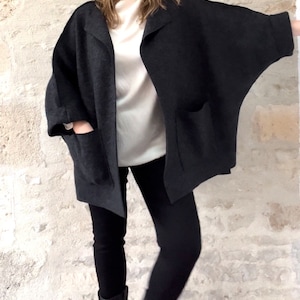 Oversized Boiled Wool Coatigan with Big Pockets | Loose-Fit Wool Overcoat, Raglan Sleeves | Plus Size | Gift for Her