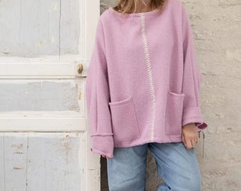Pink Ecru Embroidered Wool Drawstring Tunic