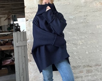 Poncho Sweater in Boiled wool with Wide Turtleneck Collar