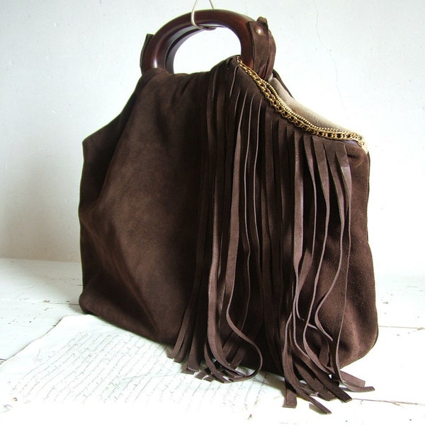 Fringe Purse in Chocolate Suede and Vintage Brass Chain.